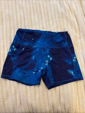 Galaxy Print High-Waist Athletic Shorts - Blue